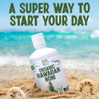 Healing Noni whole fruit fermented juice packaging emphasizing Hawaiian farmer direct sourcing
