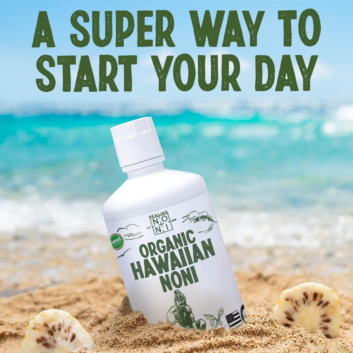 Healing Noni whole fruit fermented juice packaging emphasizing Hawaiian farmer direct sourcing