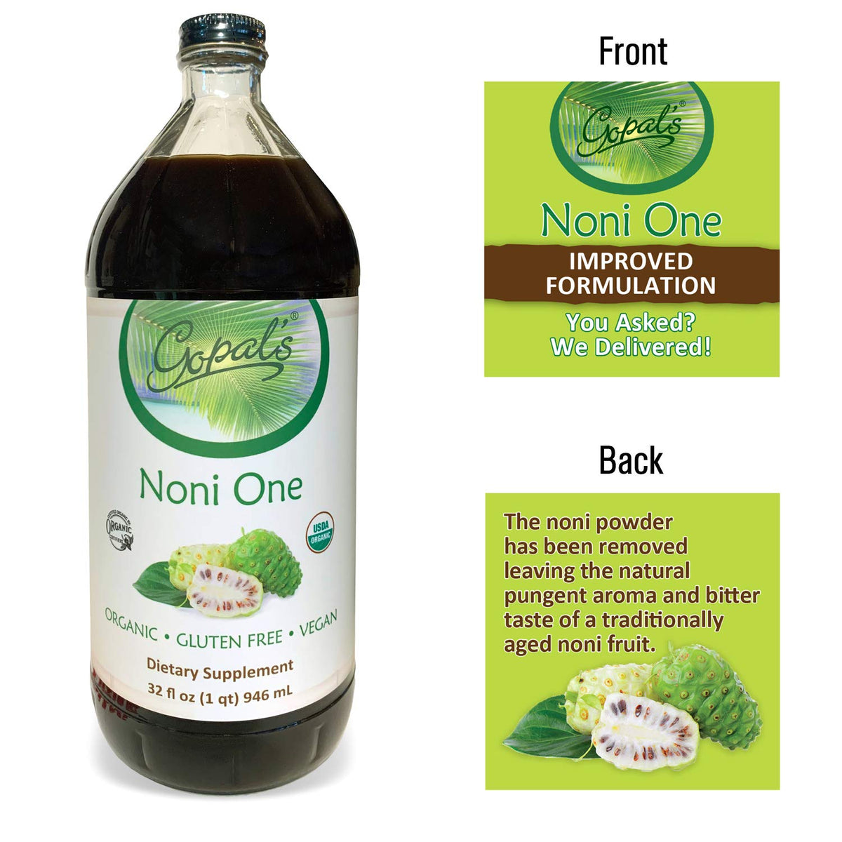 Authentic imported thirty two fluid ounce organic noni liquid supplement bottle
