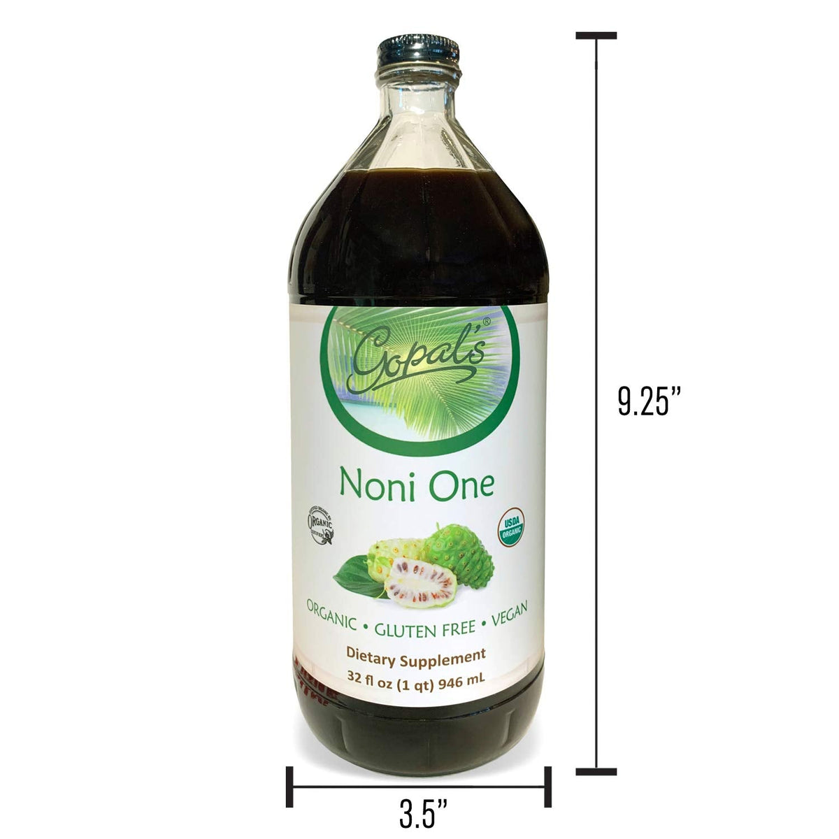 Gopals noni one liquid dietary supplement showing organic ingredient list