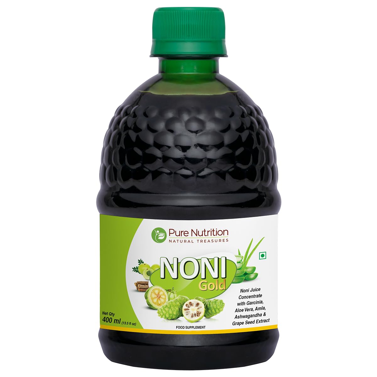 Pure Nutrition Natural Treasures noni juice liquid supplement packaging highlighting weight management benefits