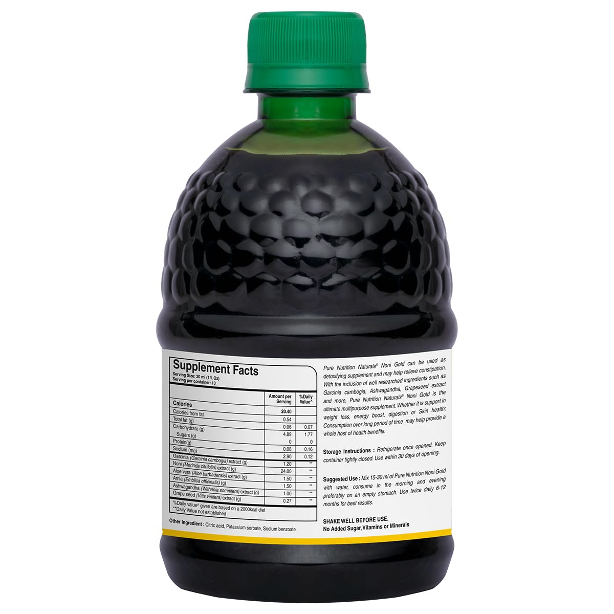 Back label of Pure Nutrition Noni Gold showing herbal ingredients like garcinia and amla