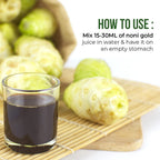 Antioxidant rich noni fruit herbal blend supplement bottle showcasing skin and digestive health benefits