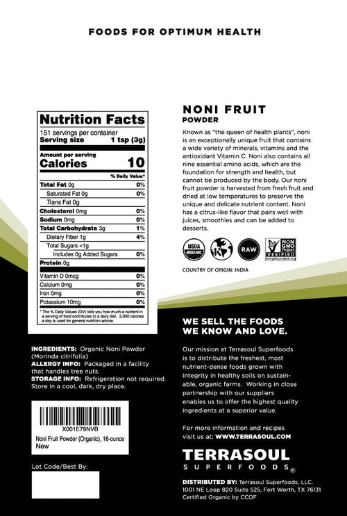 Terrasoul Superfoods raw organic noni powder nutritional facts and certification labels close up view