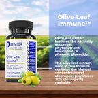 Side angle of Premier Research Labs Olive Leaf Immune supplement displaying the comprehensive nutritional facts panel.