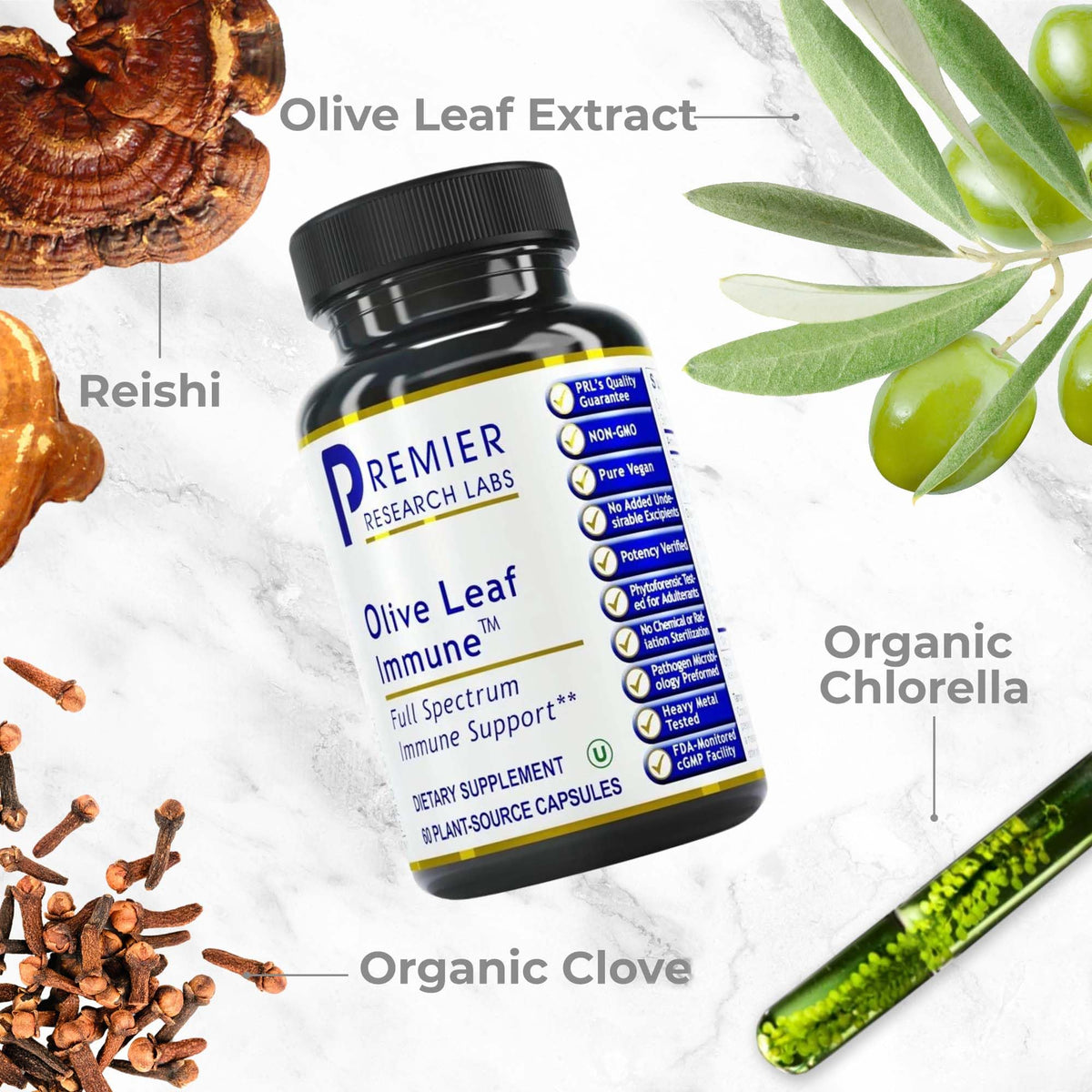 Close up look at the standardized oleuropein ingredient details on Premier Research Labs Olive Leaf capsules.