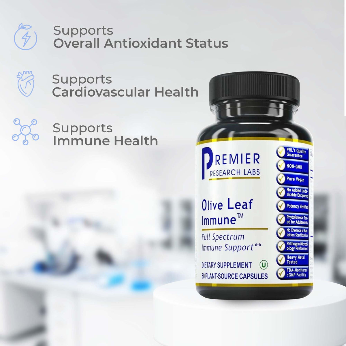 The botanical immune defense supplement bottle highlighting the non GMO and vegan verified symbols.