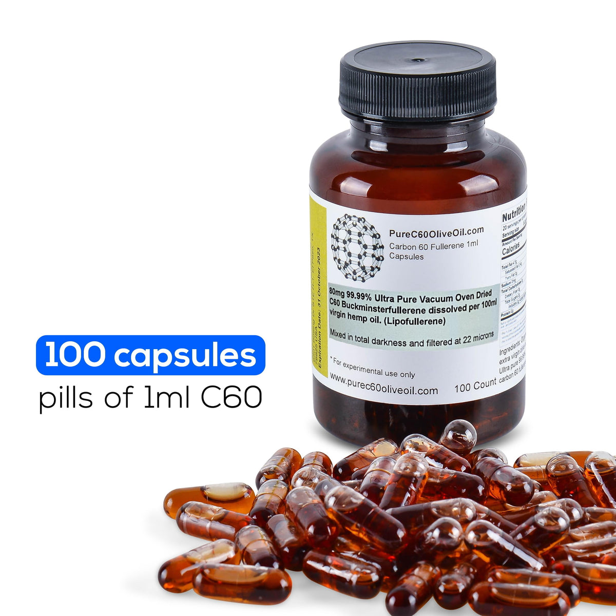 Premium Carbon 60 antioxidant vegetarian pills spilling out of bottle