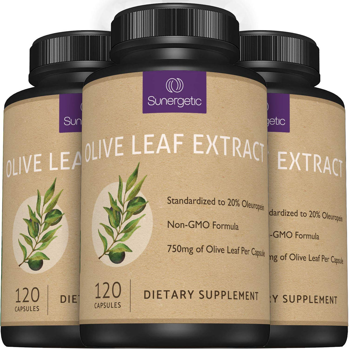 Close up look at Sunergetic 750mg daily cardiovascular health supplement bottle graphic elements