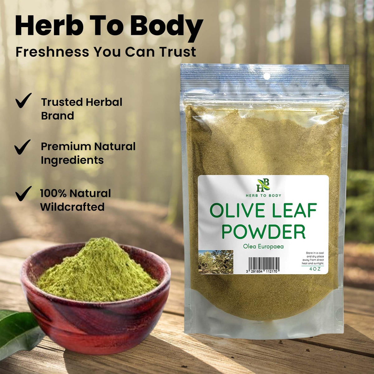 Herb To Body Olive Leaf Powder being measured into a teaspoon for brewing premium wellness tea.