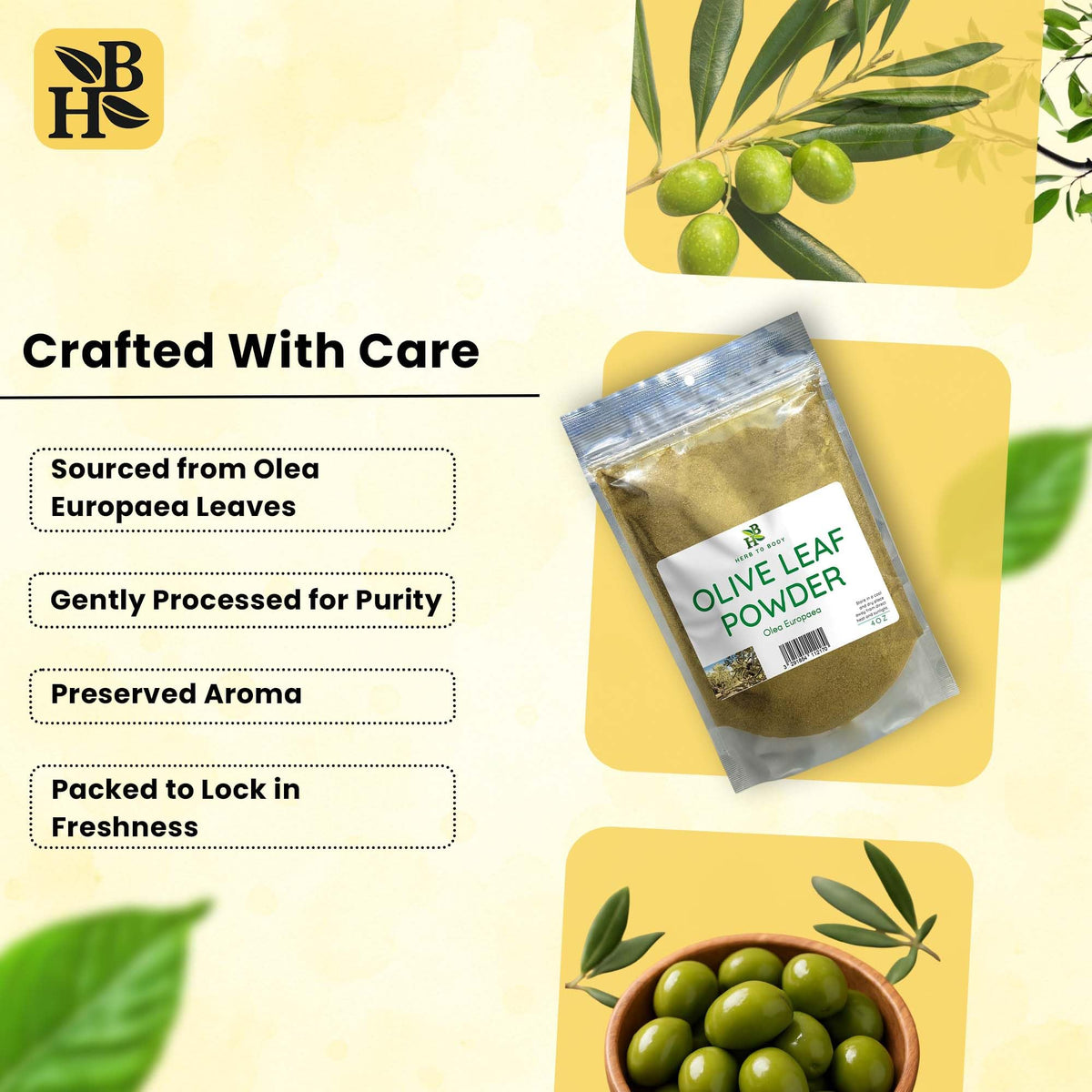Antioxidant rich olive leaf powder next to a green smoothie indicating dietary use.