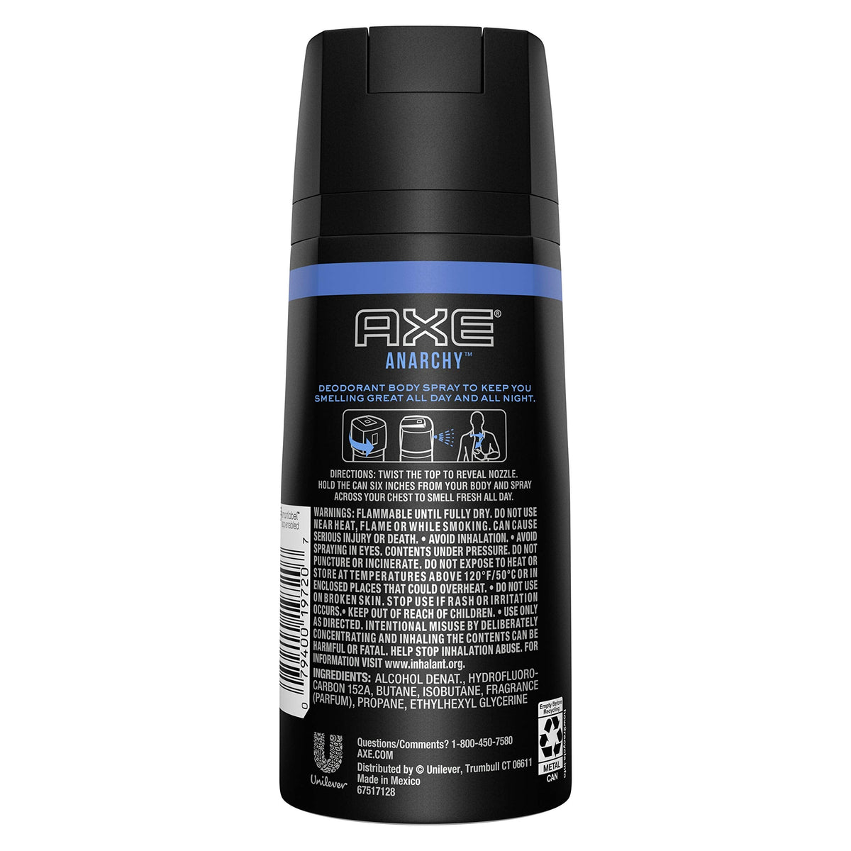 Axe Anarchy deodorant body spray pack of four displaying the sandalwood and white amber product labeling.