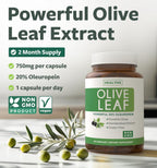 Healths Harmony Olive Leaf Extract side label detailing supplement facts and seven hundred fifty milligrams dosage.