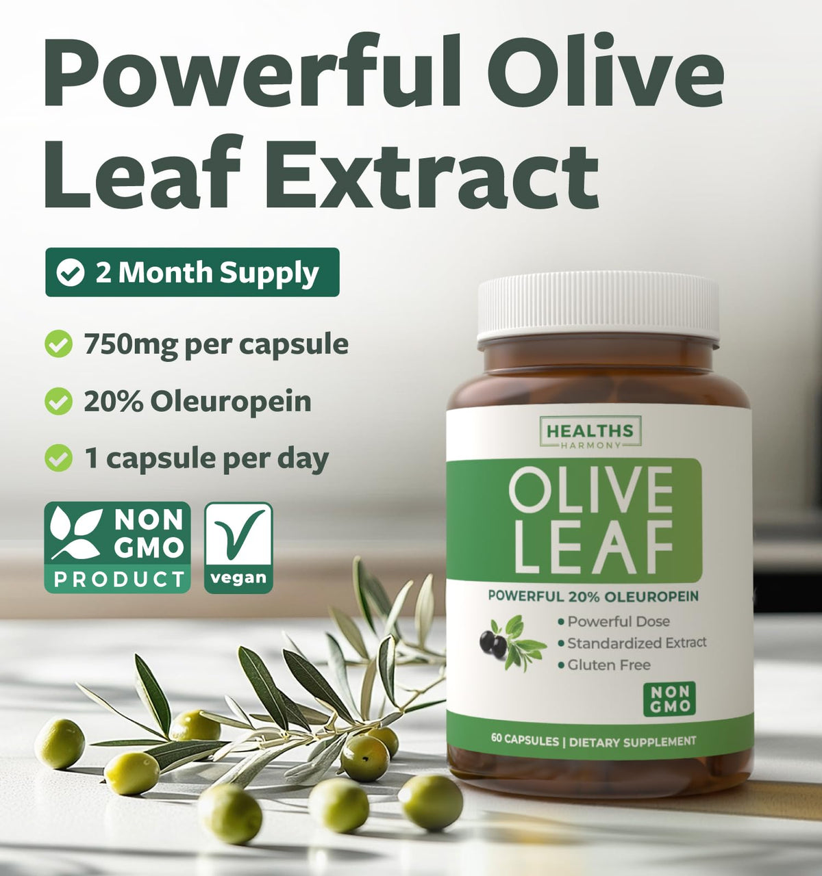 Healths Harmony Olive Leaf Extract side label detailing supplement facts and seven hundred fifty milligrams dosage.