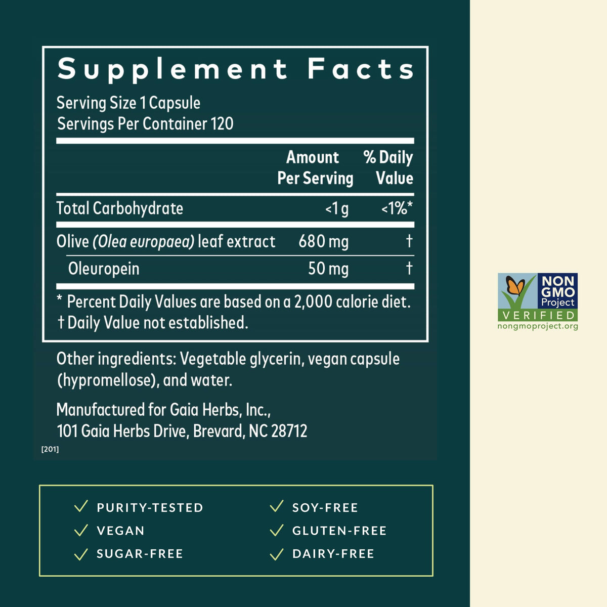 Gaia Herbs Olive Leaf supplement label details