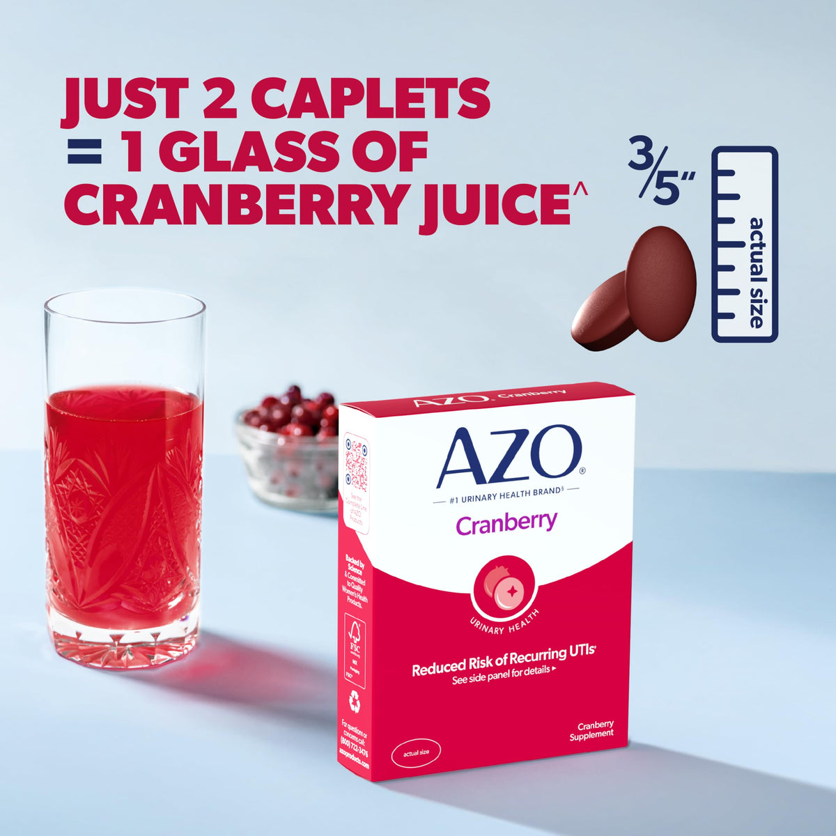 Close up of sugar free AZO cranberry daily wellness dietary caplets.