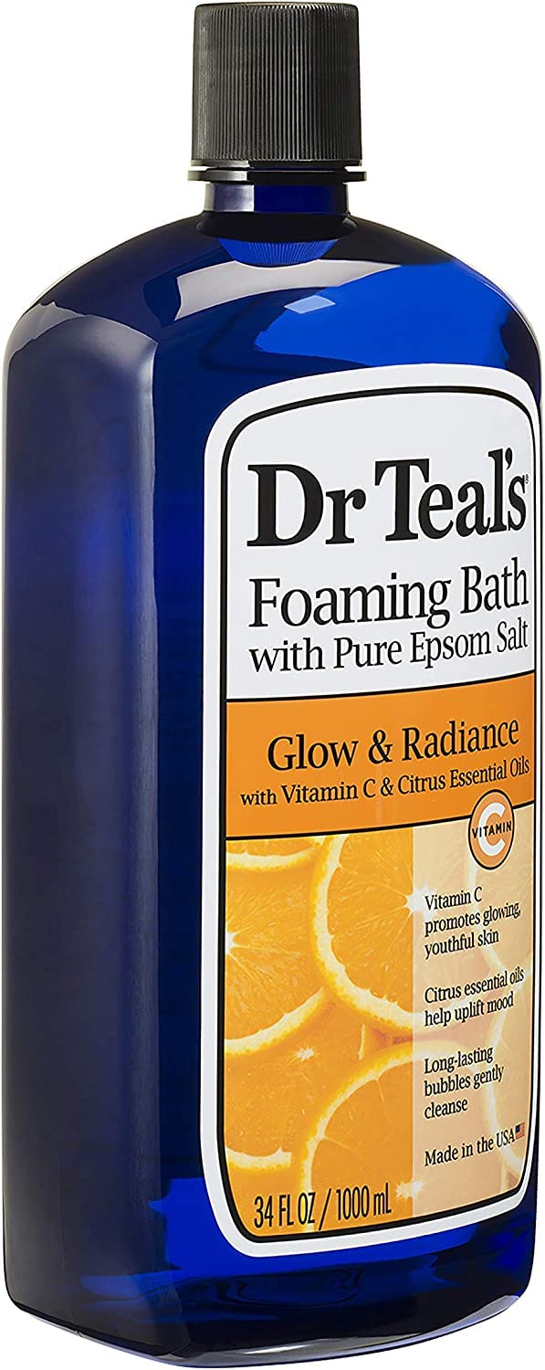 Side view of two 34 fluid ounce Dr Teal's Epsom salt foaming bath bottles showing product details