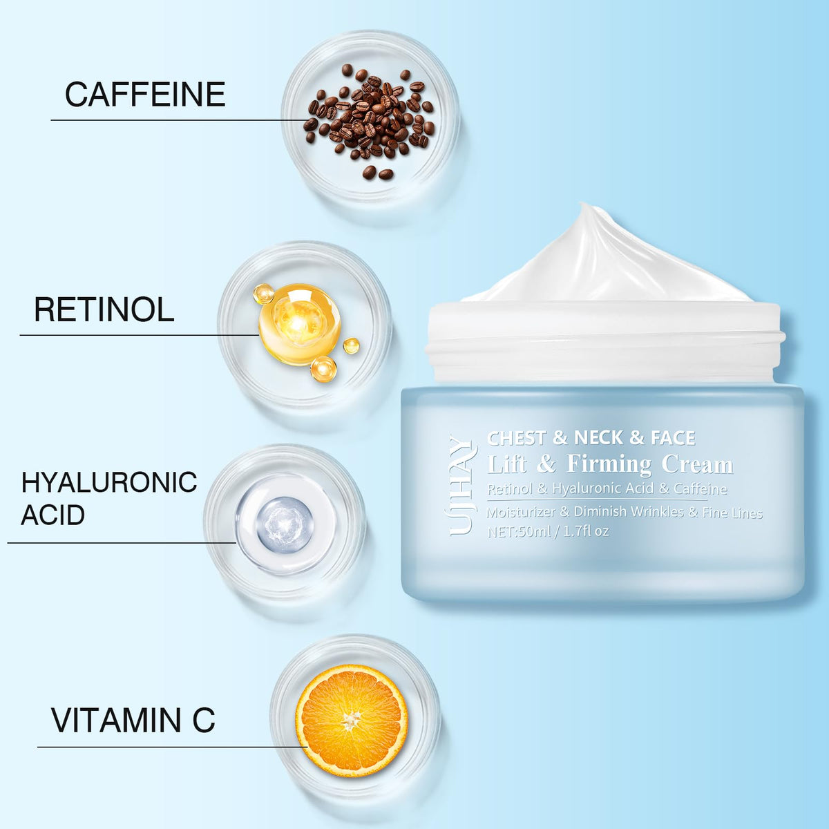 UJhay Retinol and Hyaluronic Acid neck firming cream tub for fine lines reduction.