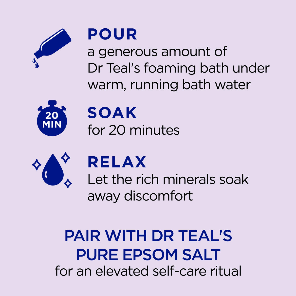 Pouring Dr Teal's foaming bath under running water to create rich lavender bubbles
