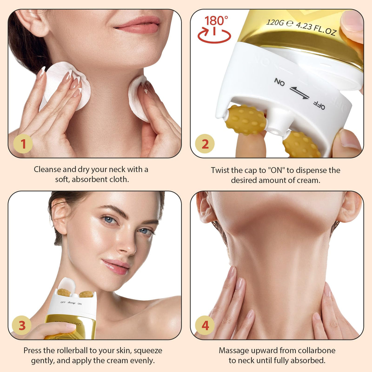 Premium gold tube of authentic NQINQI peptide neck cream on an e-commerce background