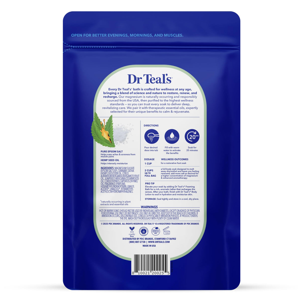 Dr Teal's magnesium sulfate bath soak with hemp seed oil back panel showing instructions