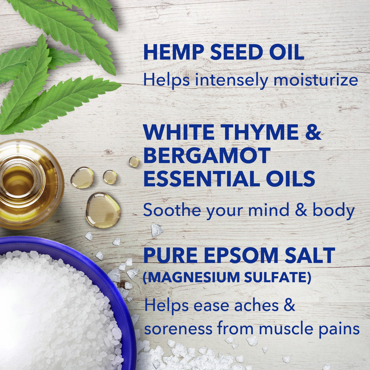 Four bags of Dr Teal's hemp seed oil epsom salt arranged on a bathroom shelf