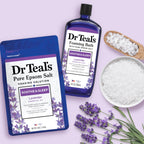 Back label view of Dr Teal's lavender Epsom salt containing clear product usage directions