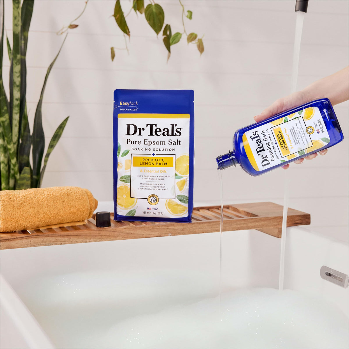 USA imported Dr Teal's essential oil foaming bath bottles for home spa relaxation.
