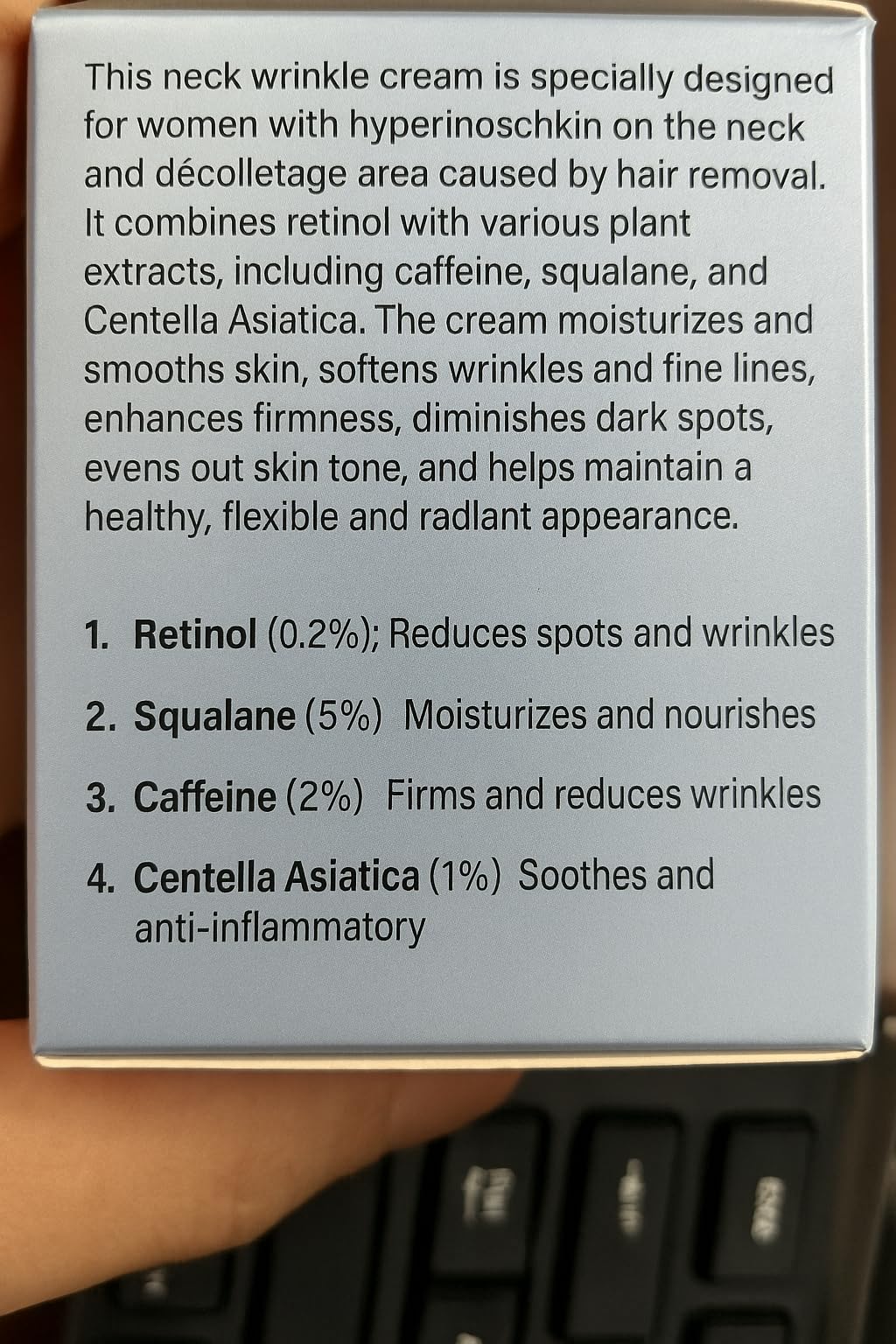 Amzeye imported USA skincare neck cream back label