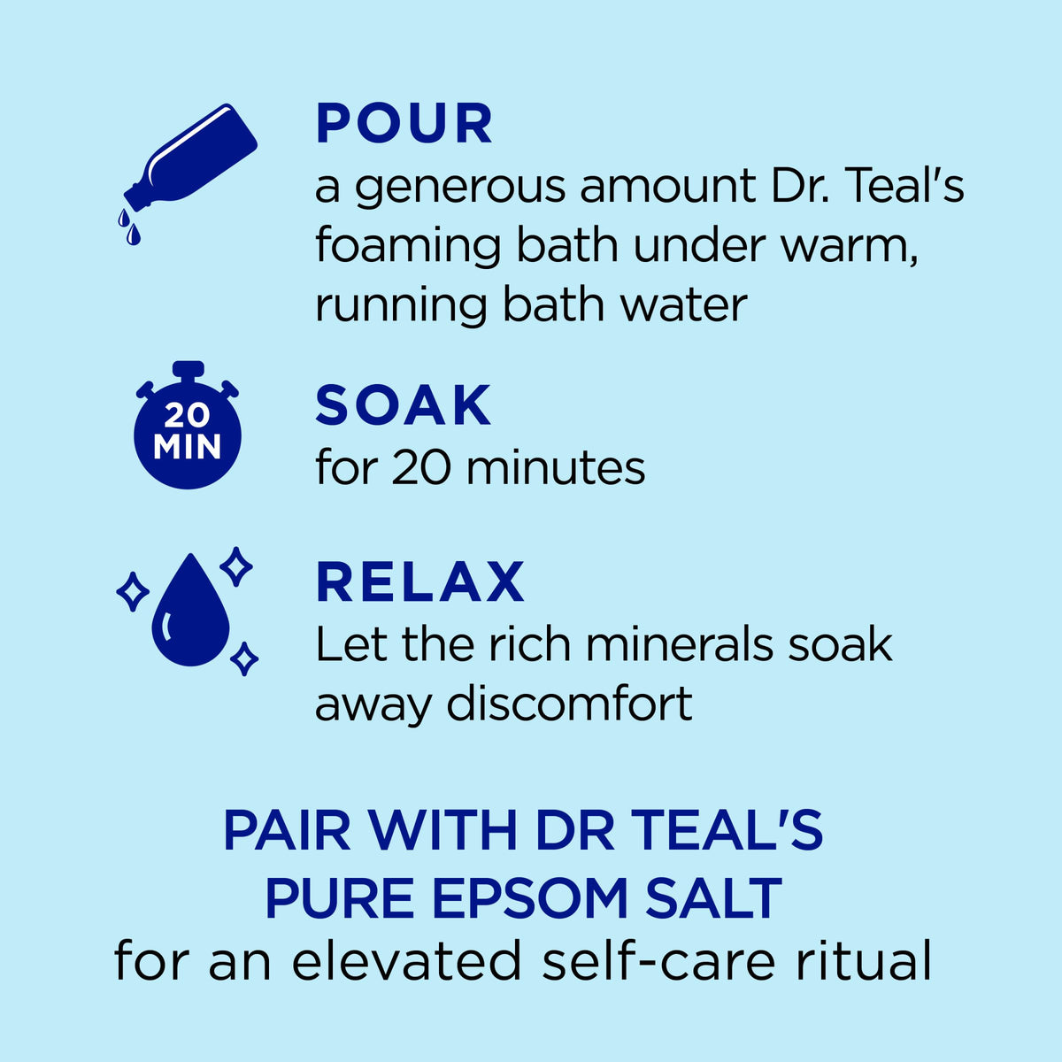Back label of Dr Teal's Restorative Minerals bath foam detailing magnesium and zinc benefits
