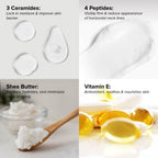 USA imported DRMTLGY neck cream container showing product details for wrinkle treatment.
