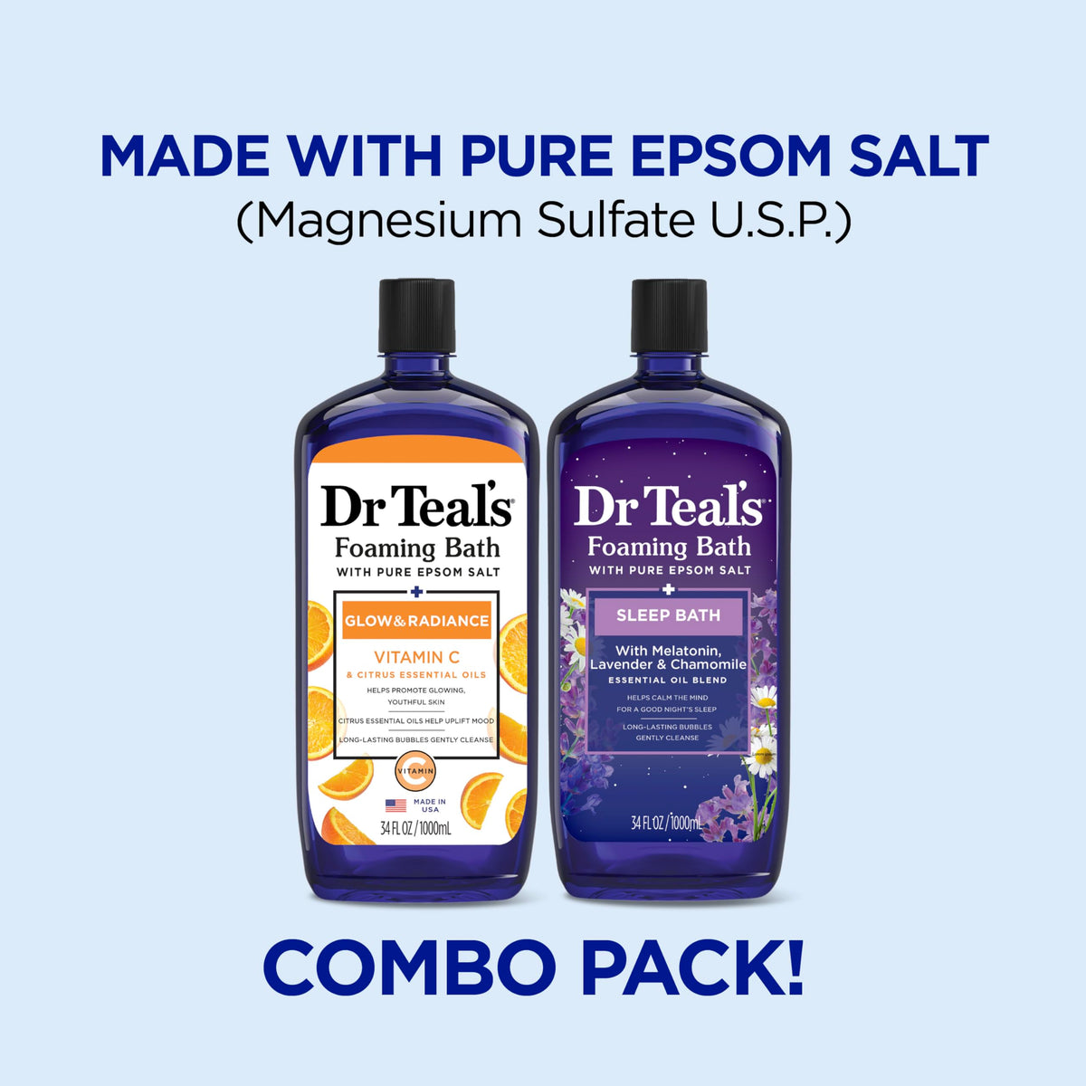 Dr Teal's Vitamin C and Lavender Sleep Blend liquid bath soak bottles side by side