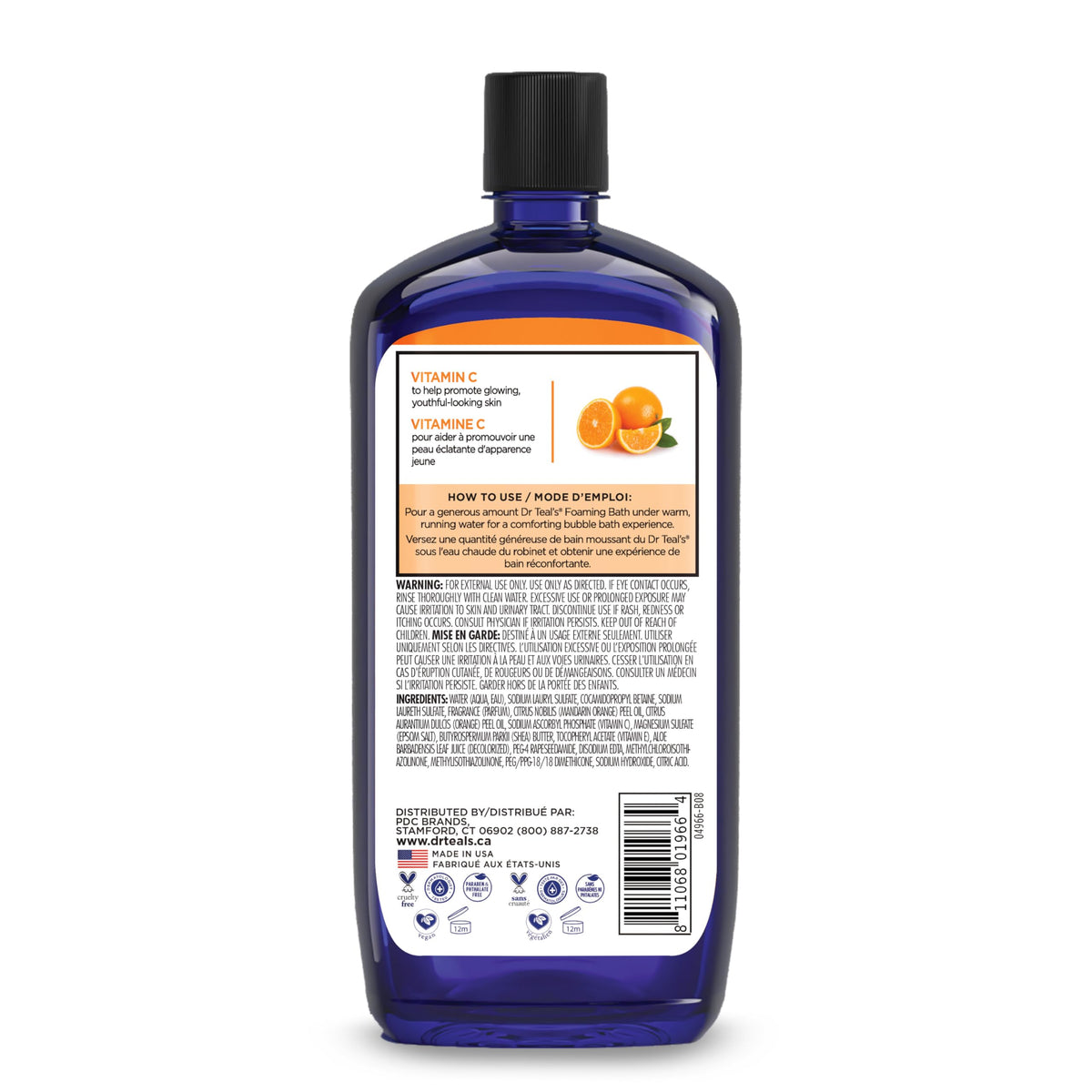 Back description and usage instructions for Dr Teal's foaming bath bottles