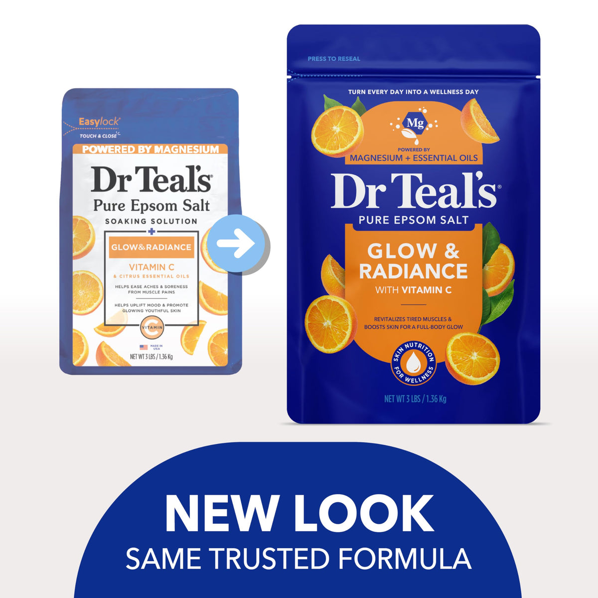 Back label of Dr Teal's Glow and Radiance magnesium sulfate soak with ingredient list