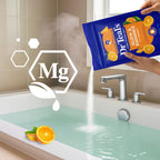 Close up of Dr Teal's pure Epsom salt crystals infused with orange essential oils