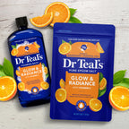 Pouring Dr Teal's citrus aromatherapy Epsom salt into a warm home bath setup