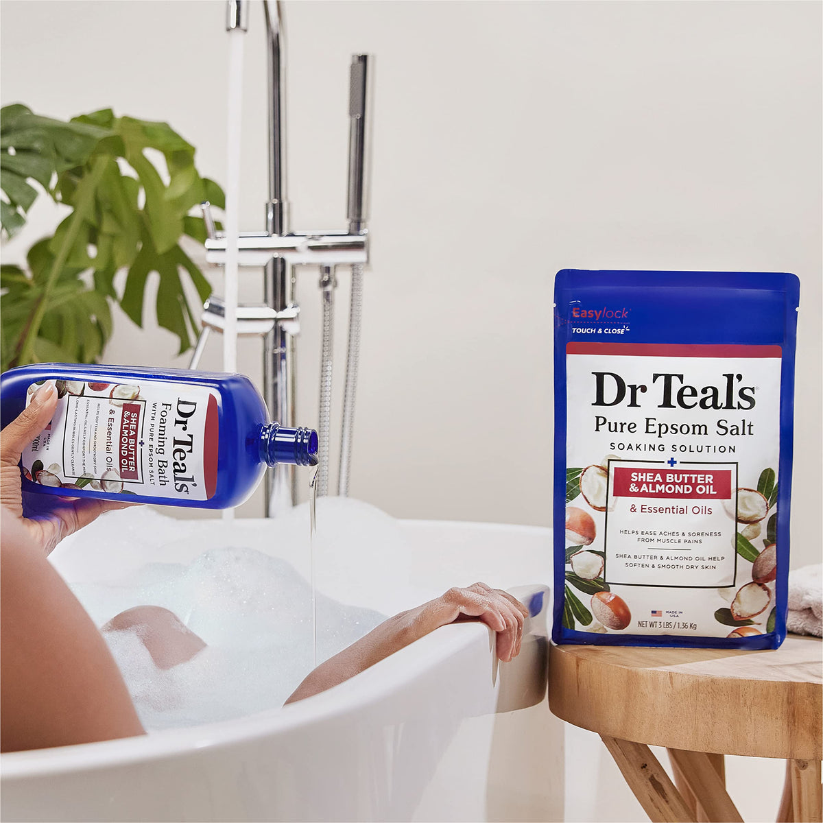 Luxurious home spa setup featuring Dr Teal's magnesium sulfate foaming bath