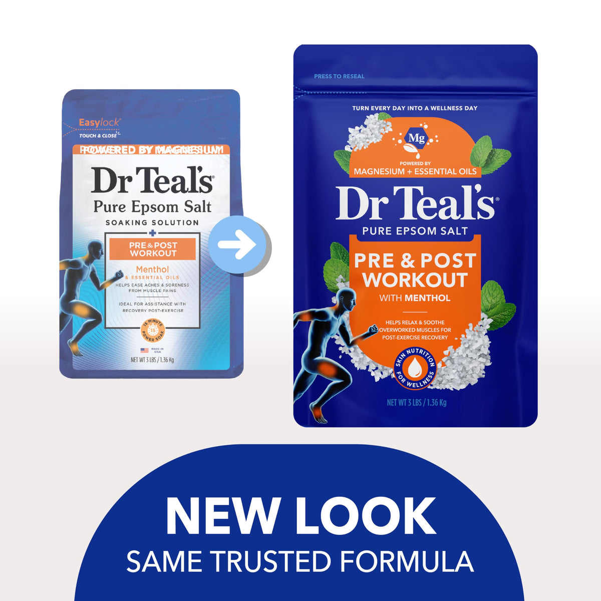 Back label of Dr Teal's Epsom Salt Workout formula detailing usage instructions and muscle relaxation steps.