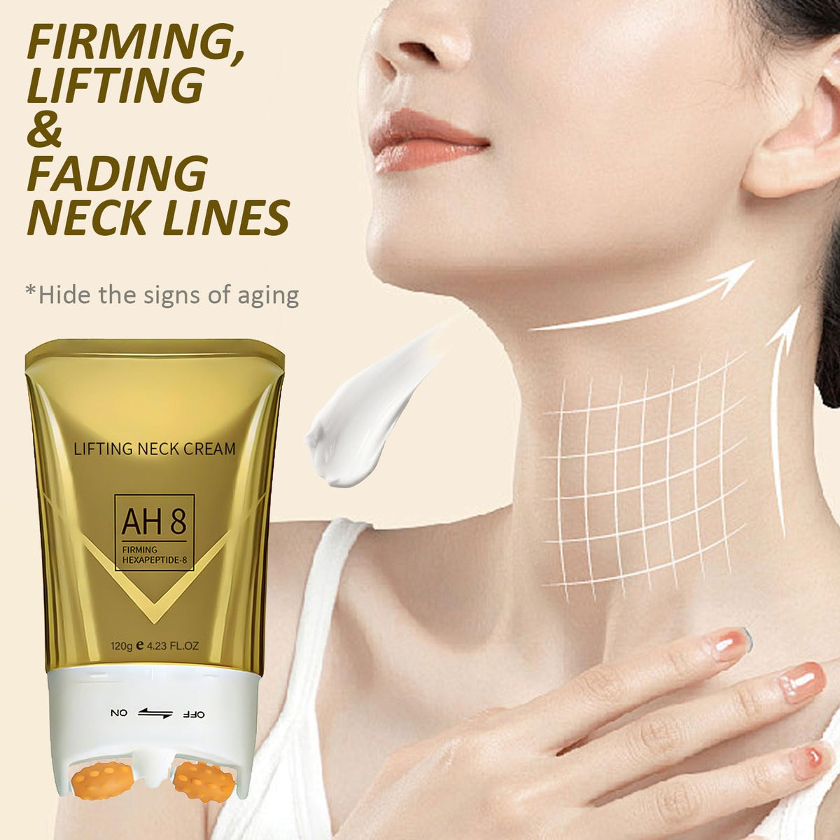 PEAQ anti-aging neck formula applied to the décolletage area for skin tightening benefits.