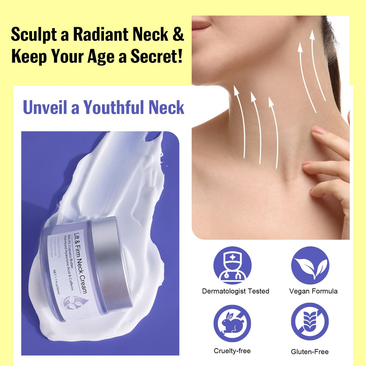 Application demonstration of Zixaok lifting cream on neck