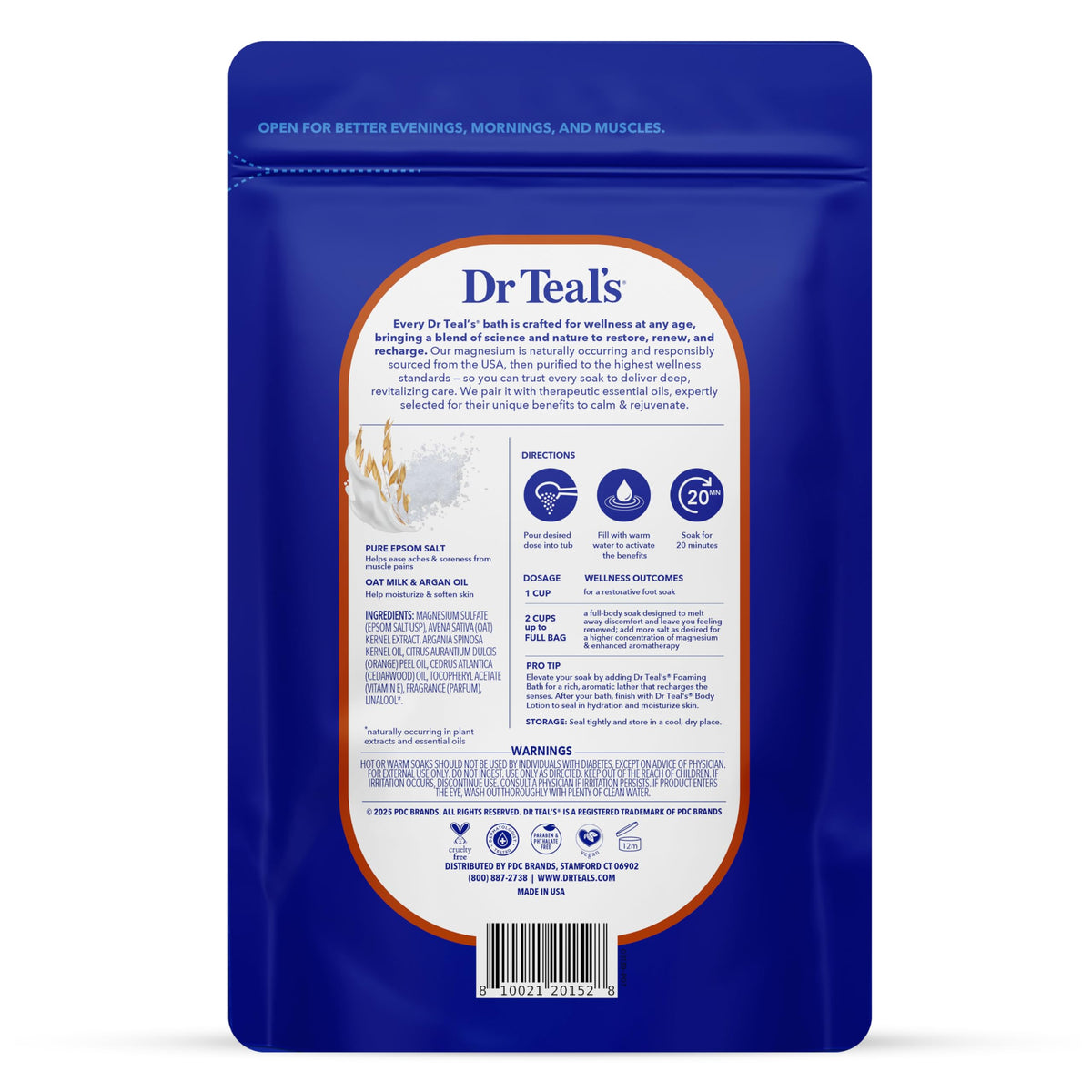 Dr Teal's oat milk and argan oil body soak back panel showing instructions and ingredients