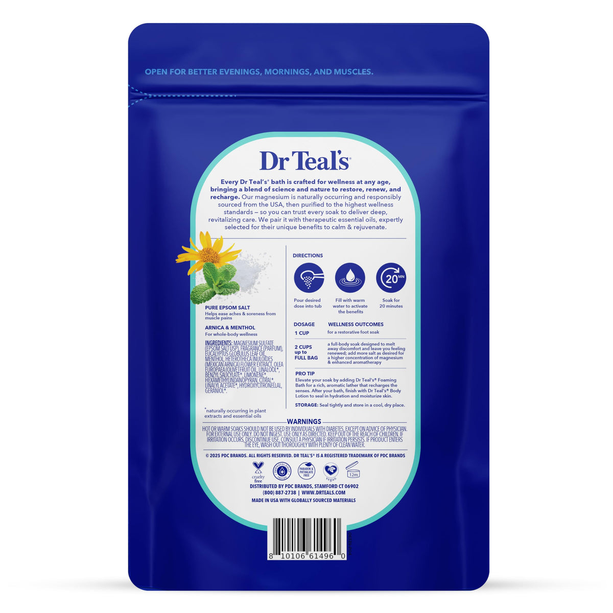 Dr Teal's arnica and menthol pure epsom salt packaging showing product details