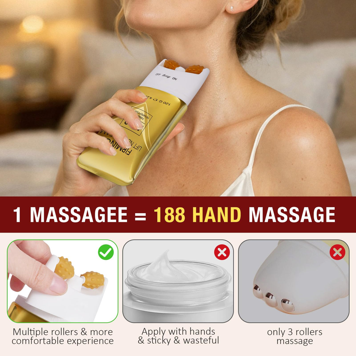 Model applying AH8 neck cream with roller on neck