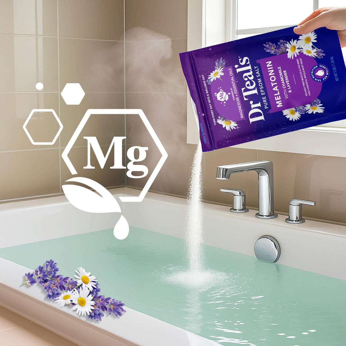 Close up of Dr Teal's authentic USA imported calming melatonin bath soak formulation