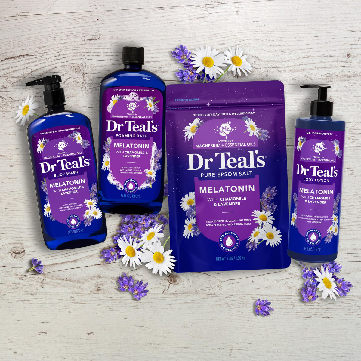 Dr Teal's Epsom salt melatonin solution displayed for a luxury home spa experience