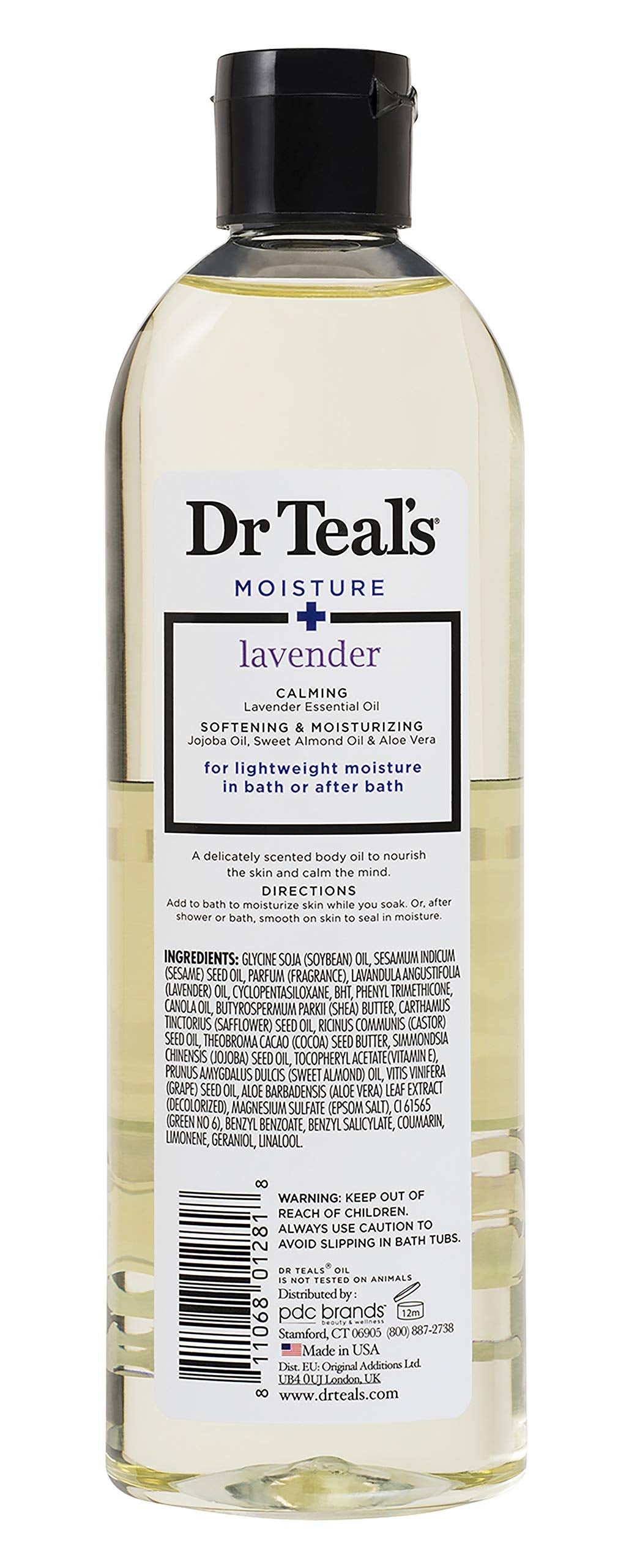 Dr Teal's Soothe and Sleep lavender body oil back label displaying ingredients and directions.