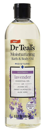Lightweight Dr Teal's bath additive oil with pure Epsom salt and lavender being poured.