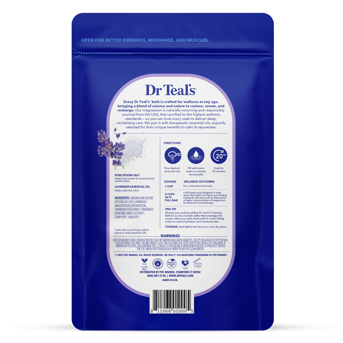 Authentic Dr Teal's Pure Epsom Salt Soothe and Sleep packaging details showing ingredients.