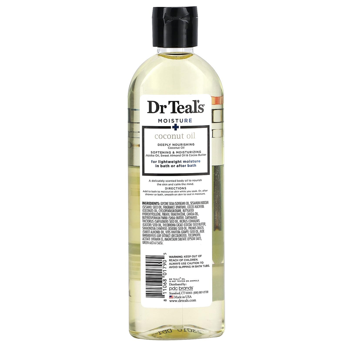Close up look of the USA imported Dr Teal's moisturizing body oil packaging highlighting the natural coconut and cocoa butter ingredients.