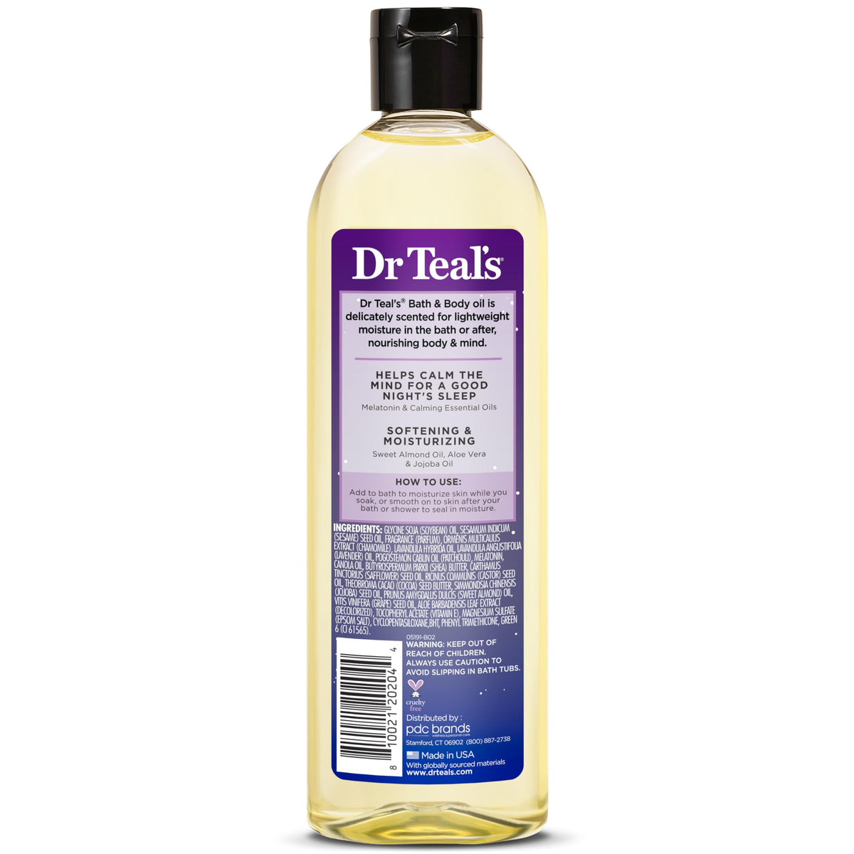 Full range view of Dr Teal's sleep blend body oil showing the authentic imported packaging graphics